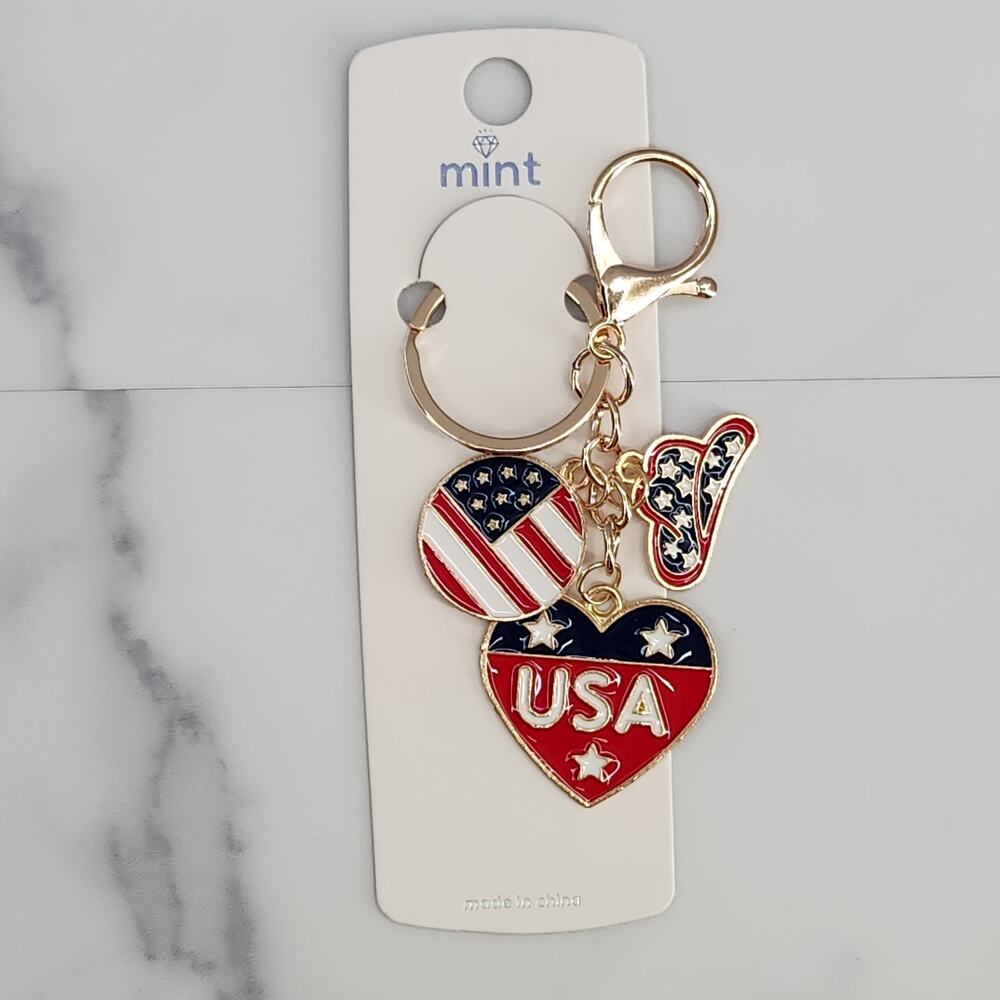 USA Keychain Bag Charm Patriotic Cowboy Hat Heart Flag America Red White & Blue